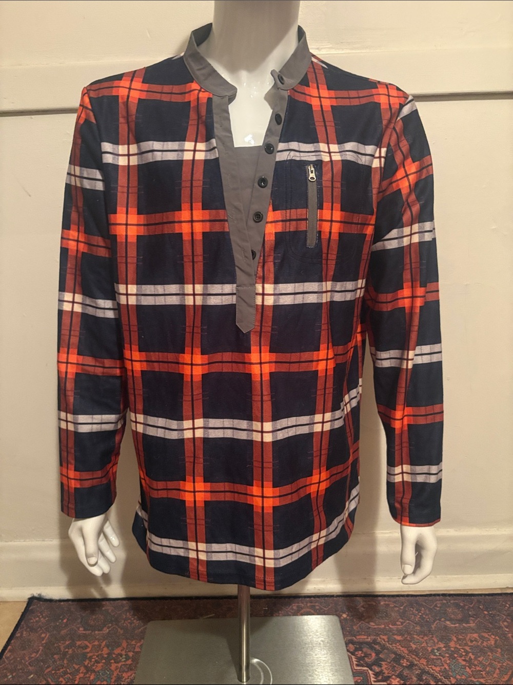 Men's Navy and Orange Plaid Long-Sleeve Henley Shirt
